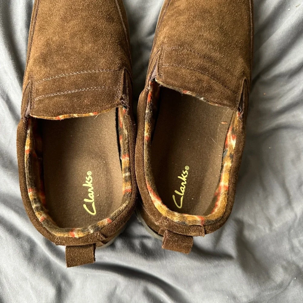 Clarks Mens Brown Suede Slip On Loafers Plaid Lined Shoes 11M 7224819
